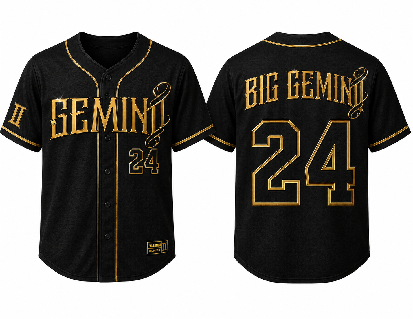 Black and gold Big Gemini 24 baseball jersey, front and back